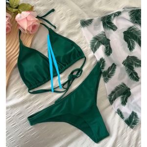 3 Piece Emerald Green Triangle Top Midrise Bikini Plus Sarong LARGE